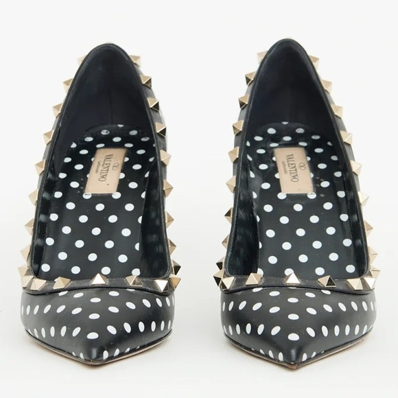 Valentino Rockstud Studded Polkadot Pointed Toe Black Leather Pump Heels - Picture 3 of 5